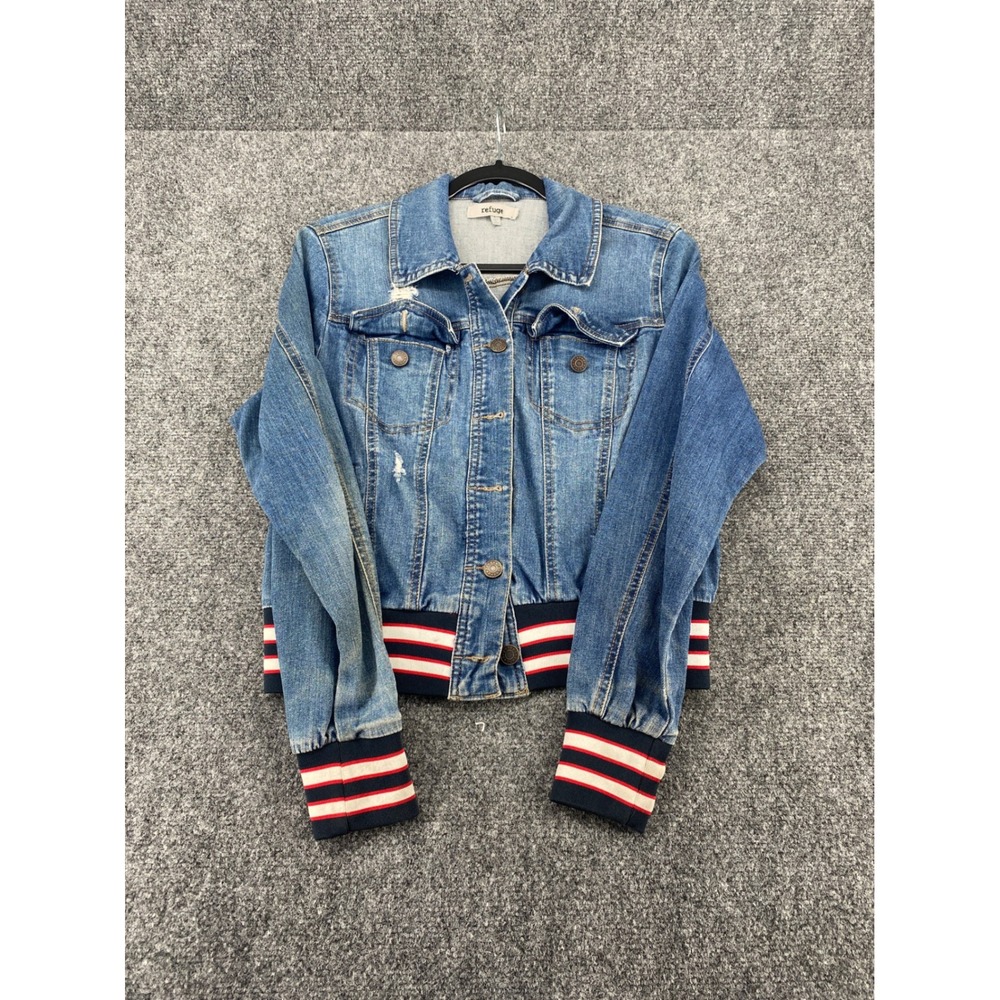 Refuge Denim Bomber Jacket Distressed Trucker Womens Large Blue Striped Rib Trim